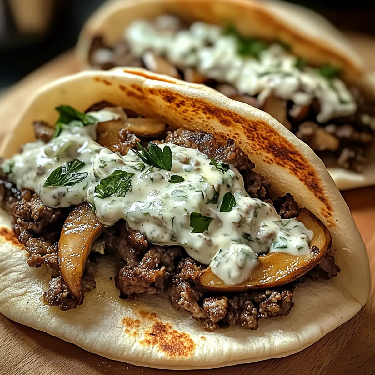 Poches de pita au bœuf et aux champignons cheesy