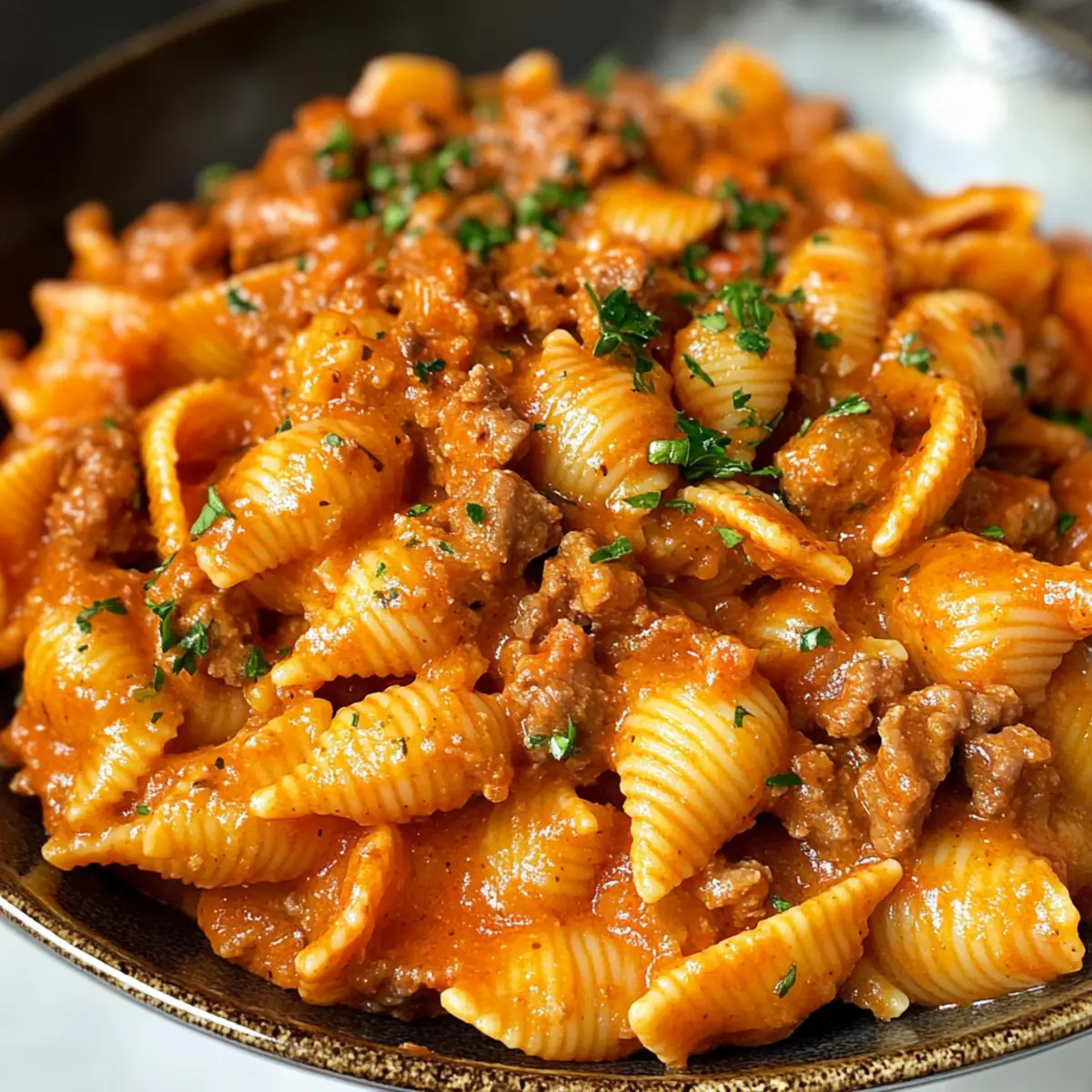Boeuf avec pâtes dans une sauce crémeuse à l'ail