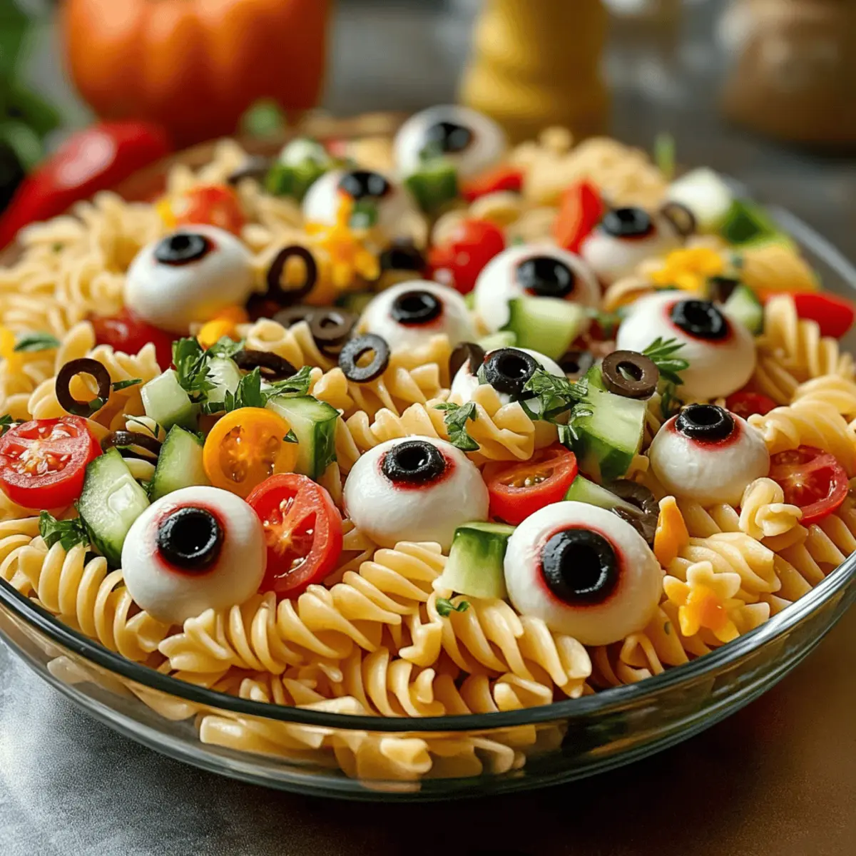 Salade de pâtes œil pour Halloween à partager
