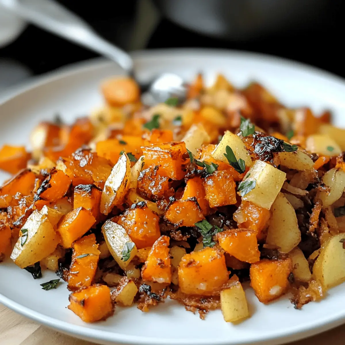 Pommes de terre rissolées au caramel de patate douce et pomme à adopter