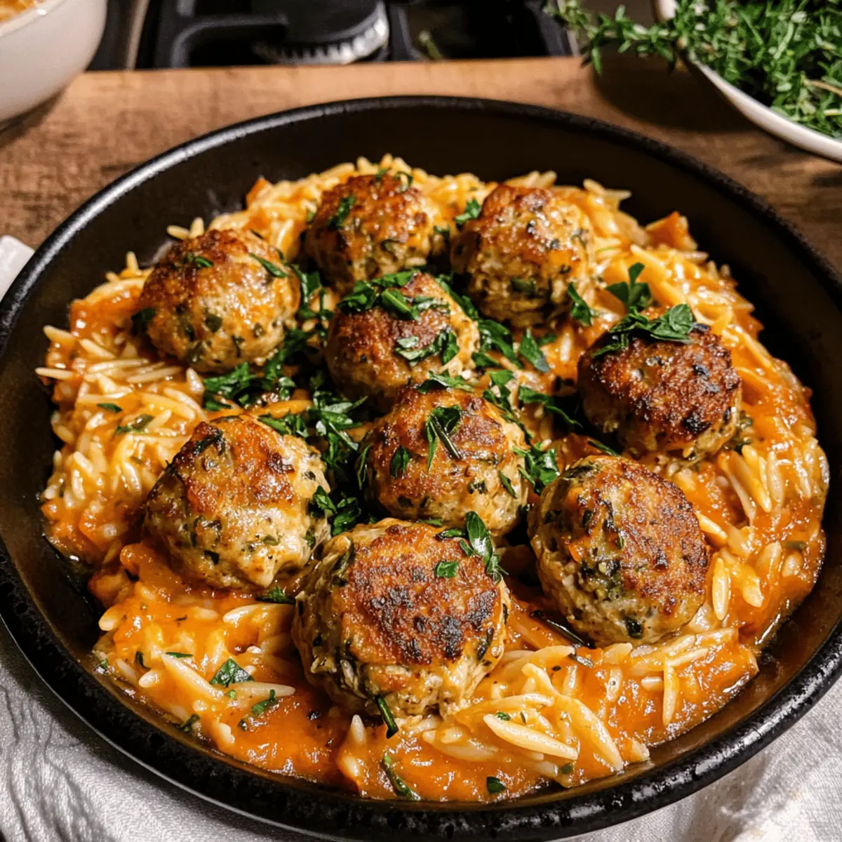 Boulettes de poulet au romarin et orge tomatée réconfortantes