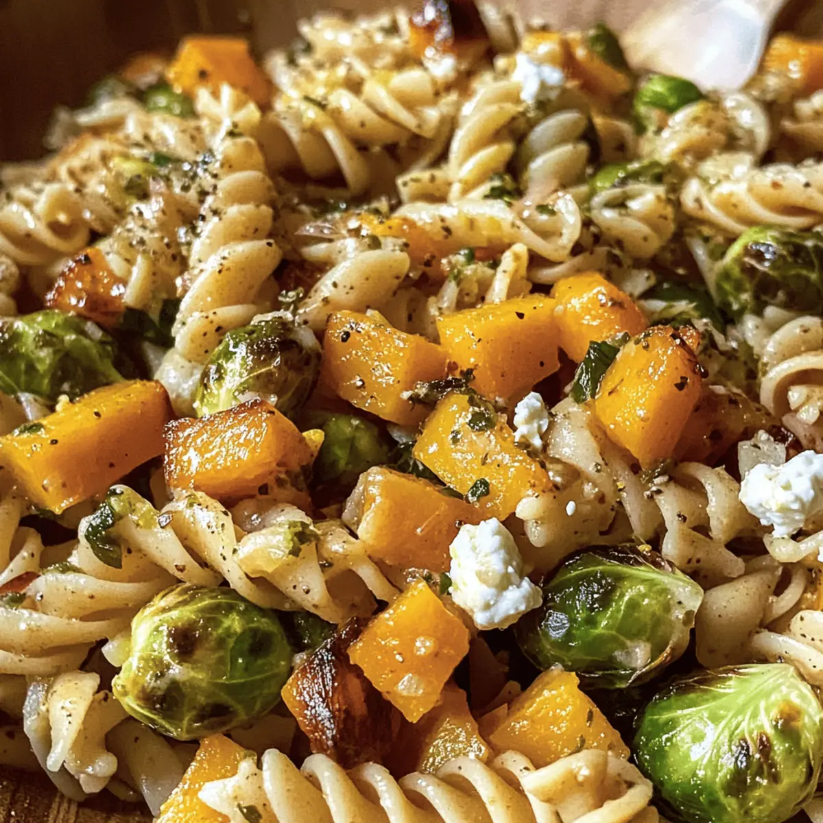 Salade de pâtes avec courge musquée et choux de Bruxelles