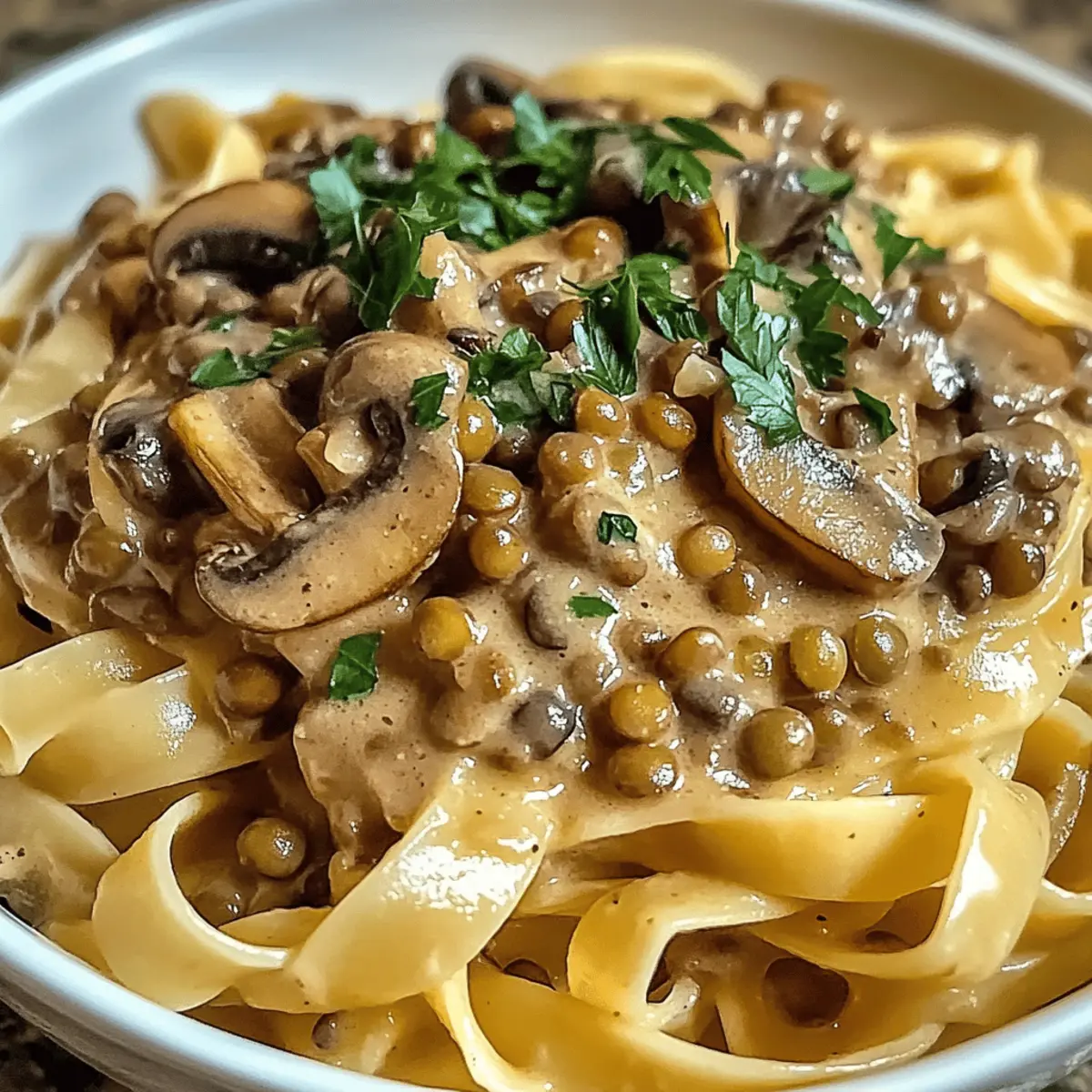 Stroganoff de lentilles et champignons végan crémeux