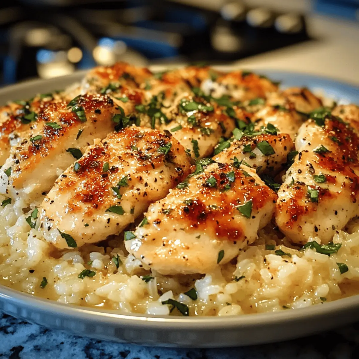 Scampi de poulet avec riz crémeux à l’ail et au parmesan