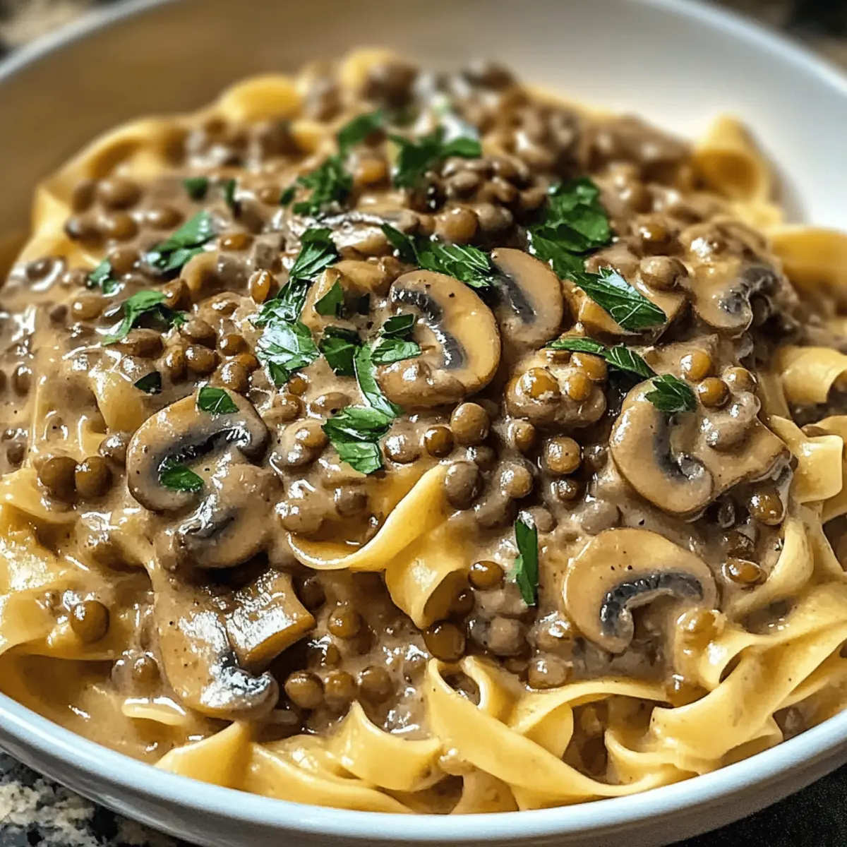 Stroganoff de lentilles et champignons véganes divin