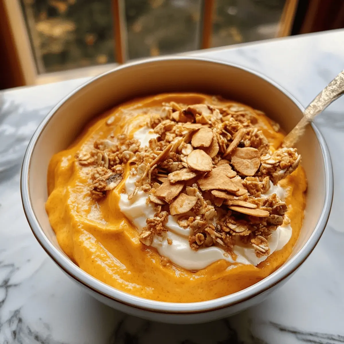 Bol de petit-déjeuner au fromage cottage fouetté à la citrouille